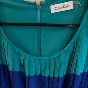 Calvin Klein blue and green midi pleated dress.